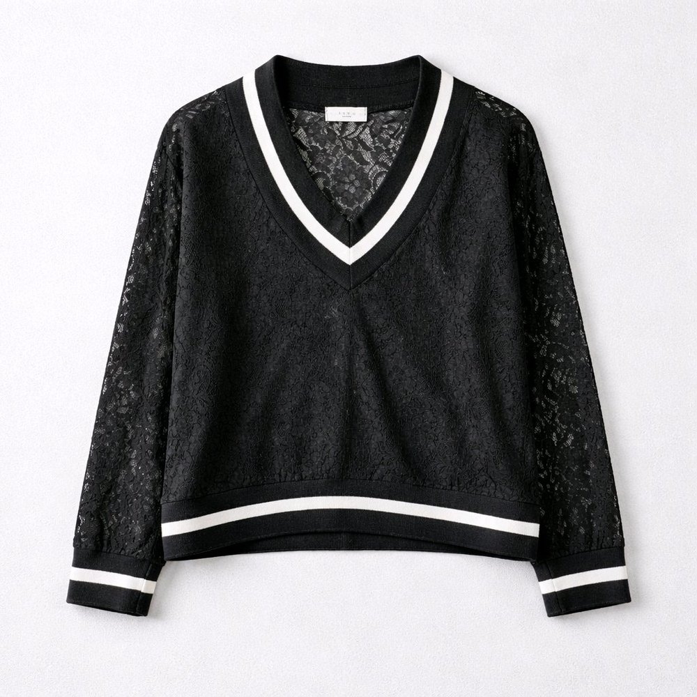ANNQ Black Lace Sheer Preppy Sweater – Feminine Athleisure Trend 2026- M